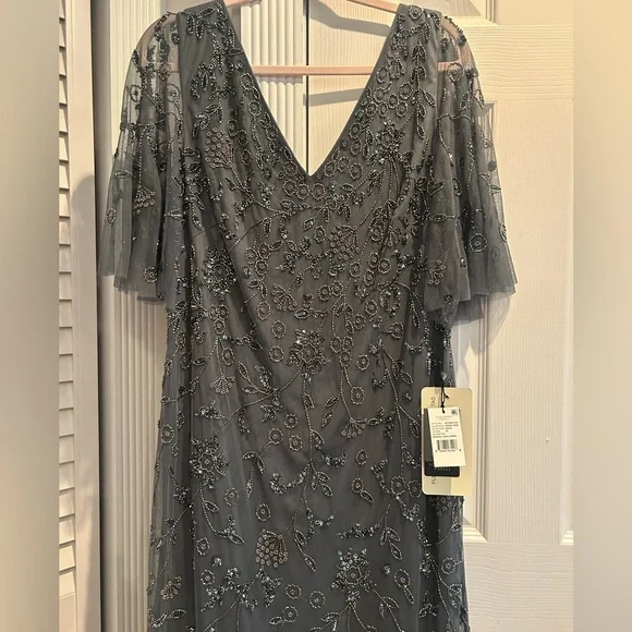 NEW Adrianna Papell Gray Scoop Back Beaded Gown - Picture 5 of 7
